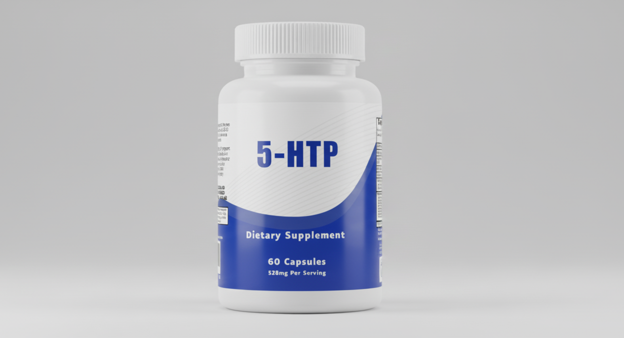 A white and blue bottle of 5-HTP, containing 60 capsules with 312mg per serving to support serotonin levels, is displayed against a plain gray background.