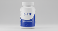 A white and blue bottle of 5-HTP, containing 60 capsules with 312mg per serving to support serotonin levels, is displayed against a plain gray background.