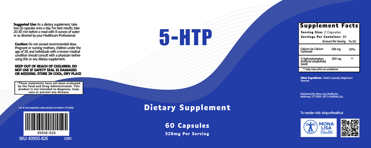A blue and white label for Mona Fields 5-HTP shows 60 capsules, 528mg per serving, supplement facts, directions, cautions, barcode, logo—supports serotonin levels as a natural sleep aid.