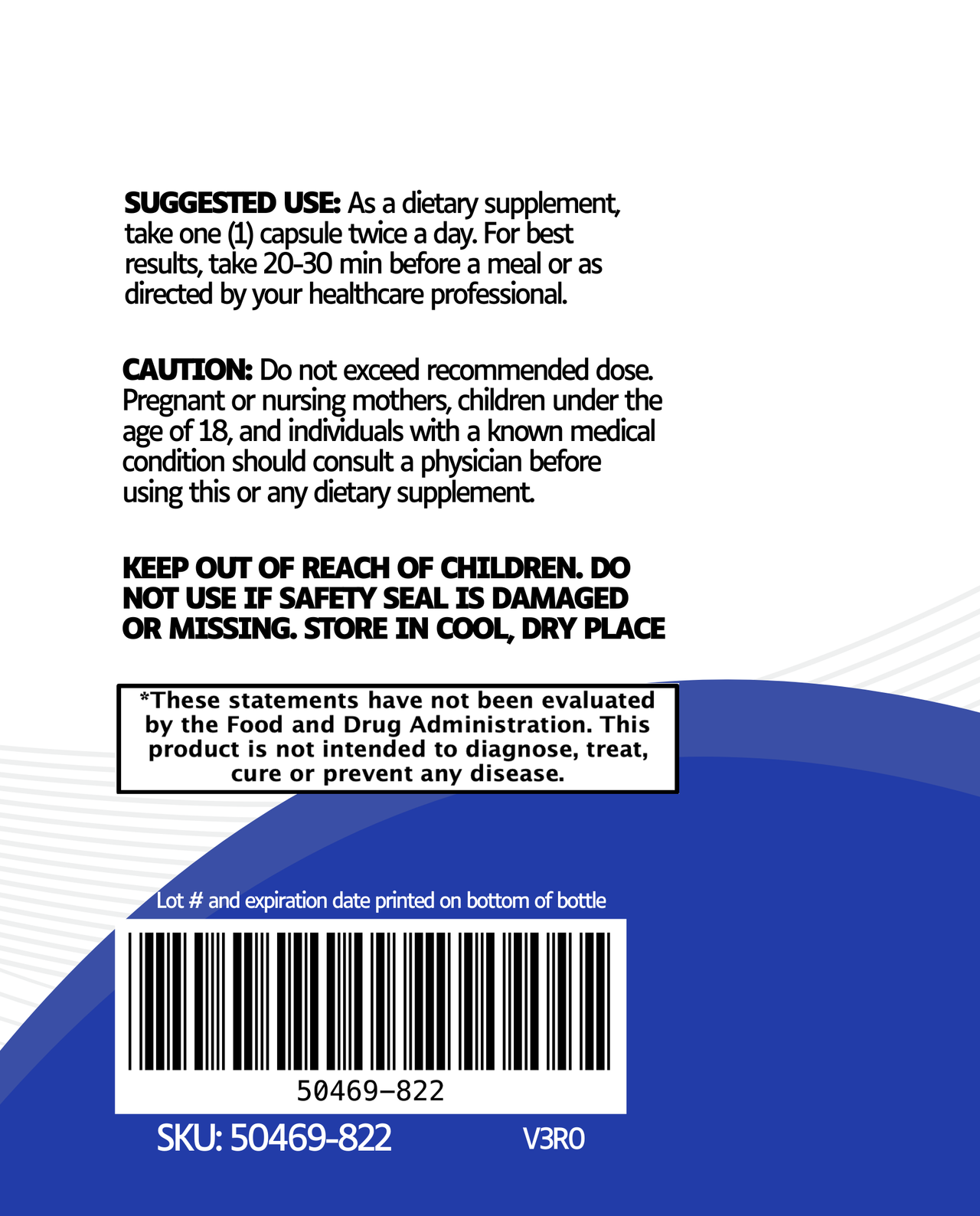 Back label of Ashwagandha dietary supplement showing suggested use, stress support info, storage instructions, FDA disclaimer, barcode, SKU, and note with lot number and expiration date location.