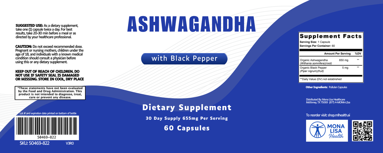 Label for Ashwagandha supplement bottle: blue and white design with supplement facts, directions, barcode, brand logos, warnings, and QR code. Herbal supplement for stress support. Contains 60 capsules.