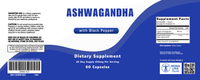 Label for Ashwagandha supplement bottle: blue and white design with supplement facts, directions, barcode, brand logos, warnings, and QR code. Herbal supplement for stress support. Contains 60 capsules.