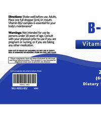 The B-12 Drops supplement label features directions to use a dropper for energy, warnings for those under 18 or pregnant, storage instructions, a barcode, and a SKU number at the bottom.