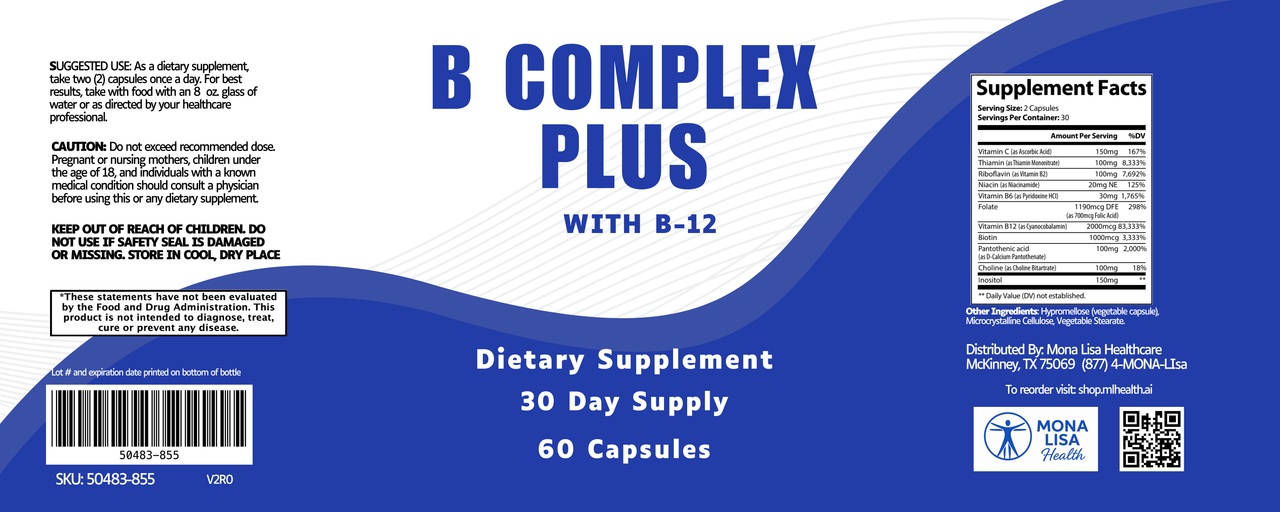 Blue and white label for B-12 Complex dietary supplement. Features supplement facts, usage, caution, manufacturer info, barcode, and icons. Supports energy and healthy skin with 60 capsules for a 30-day supply.