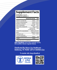 Supplement Facts label for B-12 Complex, a dietary supplement with Vitamin B12 for energy, plus other vitamins, minerals, and ingredients per serving. Distributed by Mona Lisa Healthcare; contact details and reorder website included at the bottom.