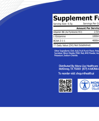 The BCAA Shock - Multiple Flavors label features nutritional facts, BCAA ingredients for lean muscle, distributor info, a QR code, and the Mona Lisa Healthcare logo, all on a blue and white background.