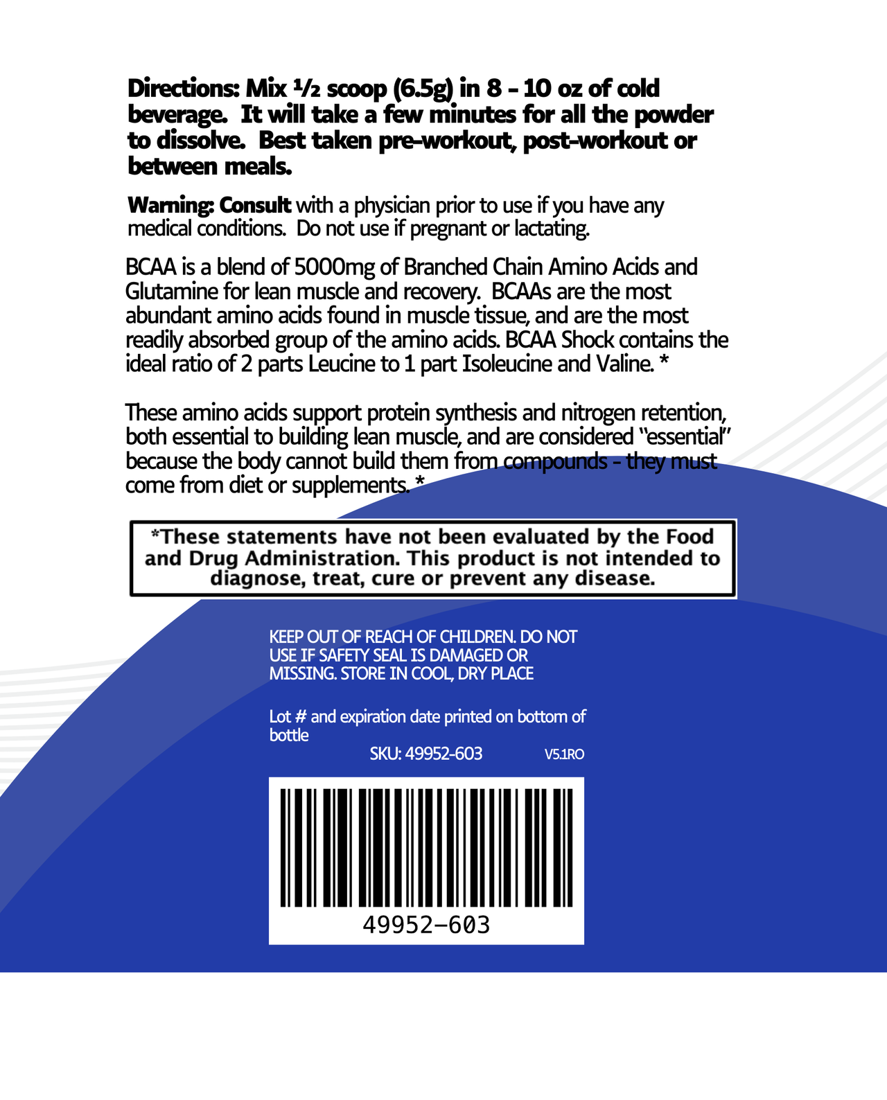 Back of BCAA Shock - Multiple Flavors container shows directions, a warning, BCAA benefits for lean muscle, an FDA disclaimer, and a barcode at the bottom. Blue and white design with black text.