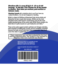 Back of BCAA Shock - Multiple Flavors container shows directions, a warning, BCAA benefits for lean muscle, an FDA disclaimer, and a barcode at the bottom. Blue and white design with black text.