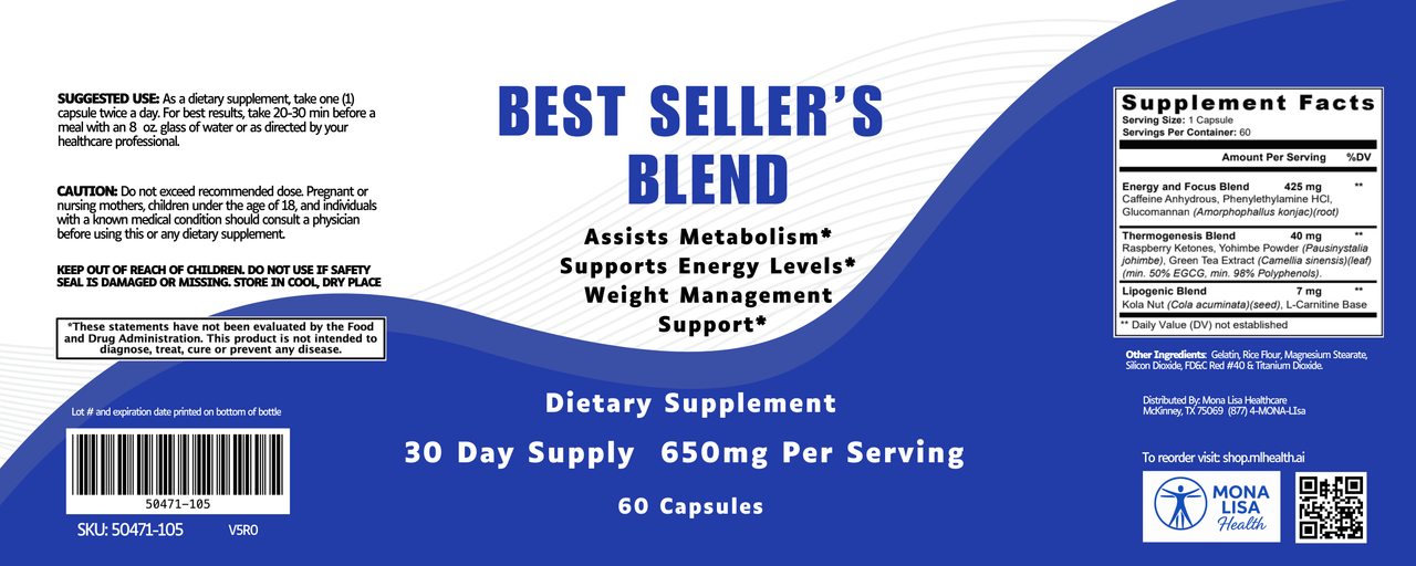 Front label of Best Sellers Blend, a supplement supporting metabolism, energy, and weight management. Contains garcinia cambogia and green coffee bean. Includes supplement facts, usage instructions, barcode; design is blue and white.