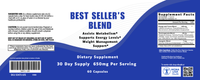 Front label of Best Sellers Blend, a supplement supporting metabolism, energy, and weight management. Contains garcinia cambogia and green coffee bean. Includes supplement facts, usage instructions, barcode; design is blue and white.