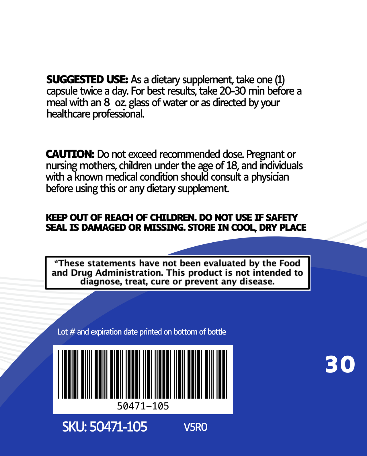 Back label of Best Sellers Blend weight loss supplement shows suggested use, caution warnings, and FDA disclaimer in black text on a white and blue background. Barcode and SKU appear at the bottom right corner.