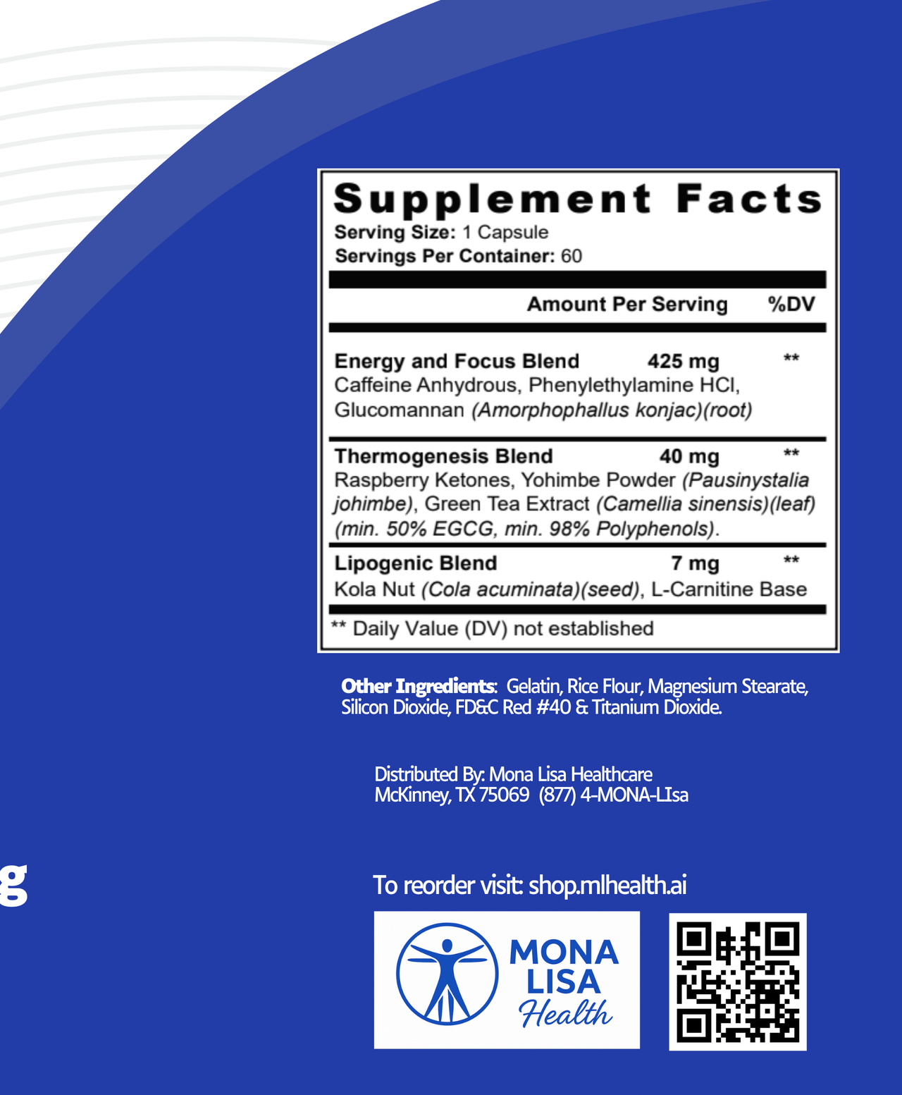Best Sellers Blend’s supplement facts label shows ingredients such as green coffee bean and garcinia cambogia in Energy & Focus, Thermogenesis, and Lipogenic blends, with dosages and company info clearly listed on a blue background.