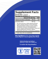 Supplement facts label with Mona Lisa Health branding on a blue background