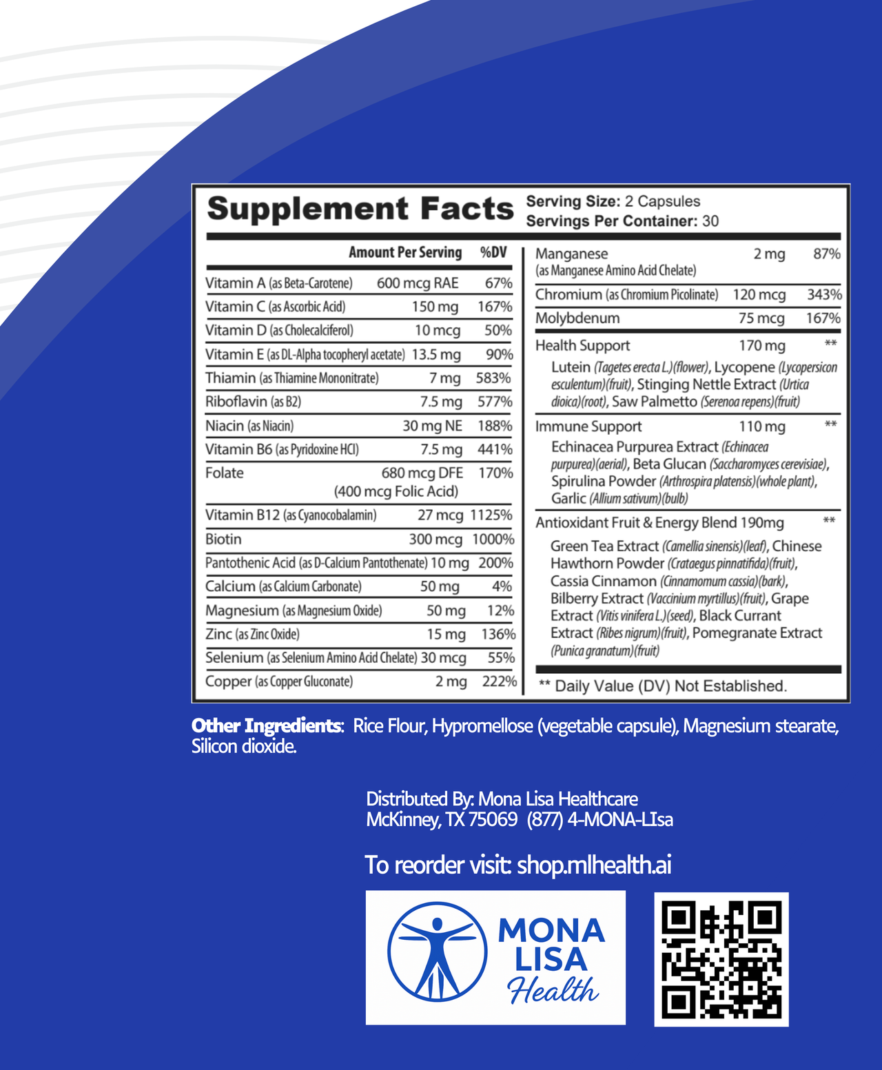 Supplement facts label with Mona Lisa Healthcare branding on a blue background