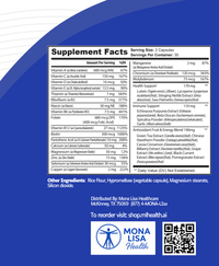 Supplement facts label with Mona Lisa Healthcare branding on a blue background