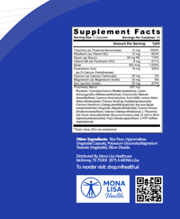 Supplement facts label with Mona Lisa Health branding on a blue background