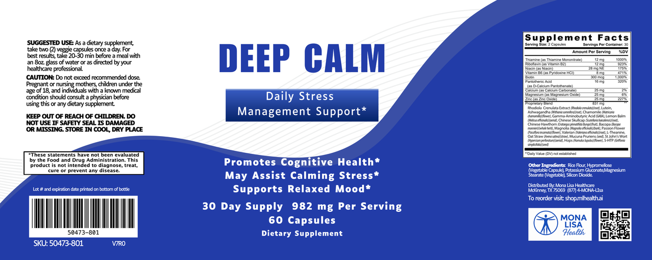 Label for Anti-Anxiety supplement. Blue and white design with product details, usage instructions, supplement facts, and claims like promotes cognitive health and relaxation support with natural herbs. Contains 60 capsules.