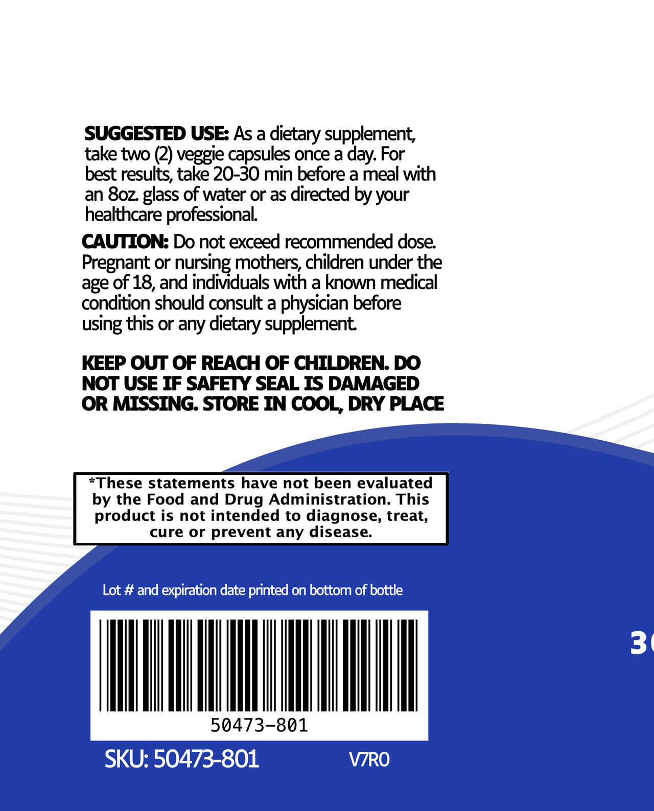 The Anti-Anxiety supplement label features relaxation support info, usage instructions, cautions for pregnant/nursing women and those under 18, storage advice, FDA disclaimer, and displays SKU/lot number on a white and blue background.