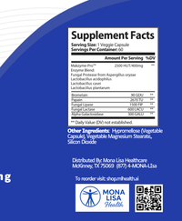 Supplement label with 'Mona Lisa Health' branding on a blue background