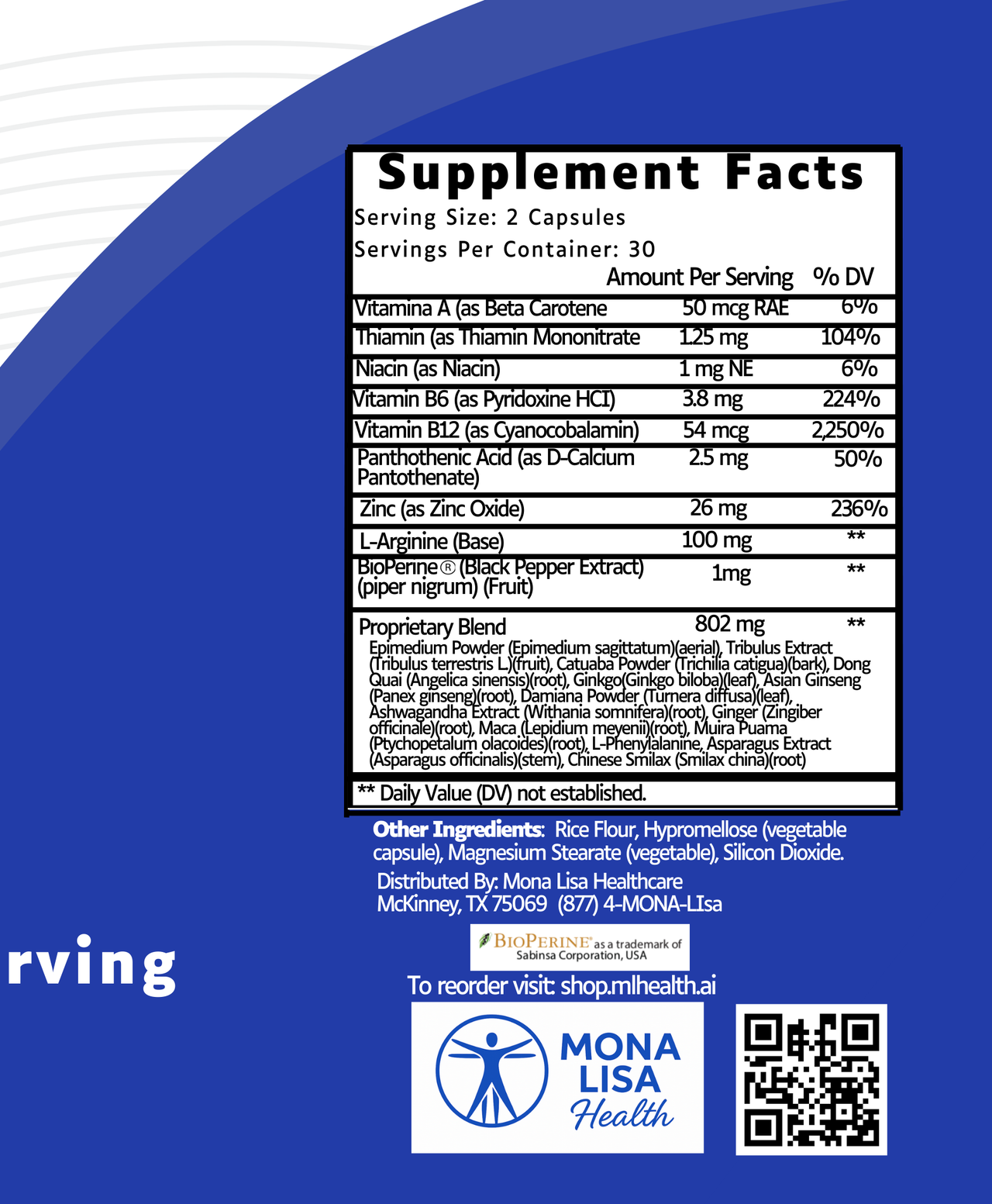 Supplement facts label with Mona Lisa Health branding on a blue background