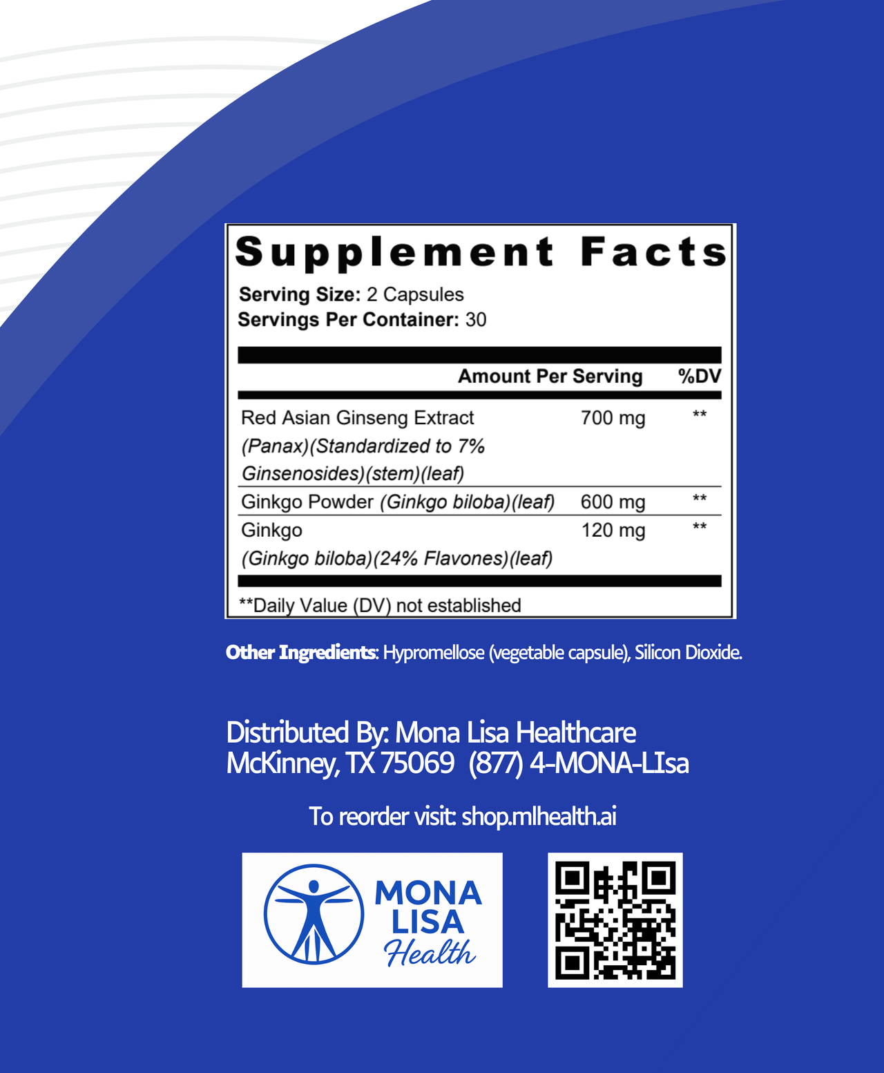 Supplement facts label on a blue background with Mona Lisa Health branding.
