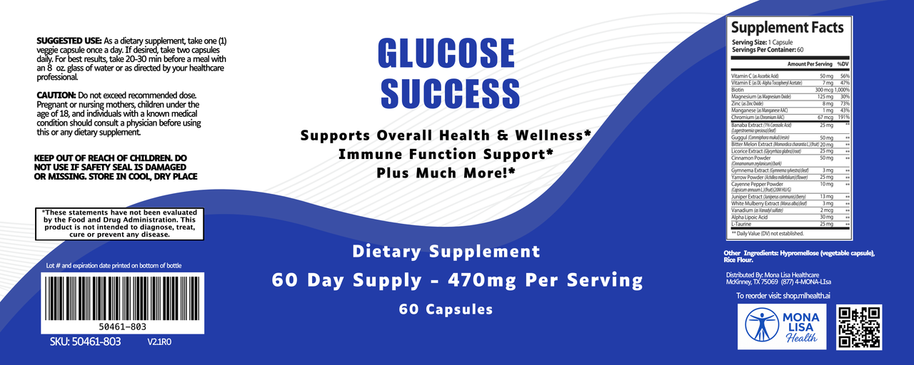 Blue and white label for Blood Sugar Ultra dietary supplement displays product details, supplement facts, directions, warnings, ingredients, barcode, and the Mona Lisa Health logo with social media icons—formulated to help regulate blood sugar levels.