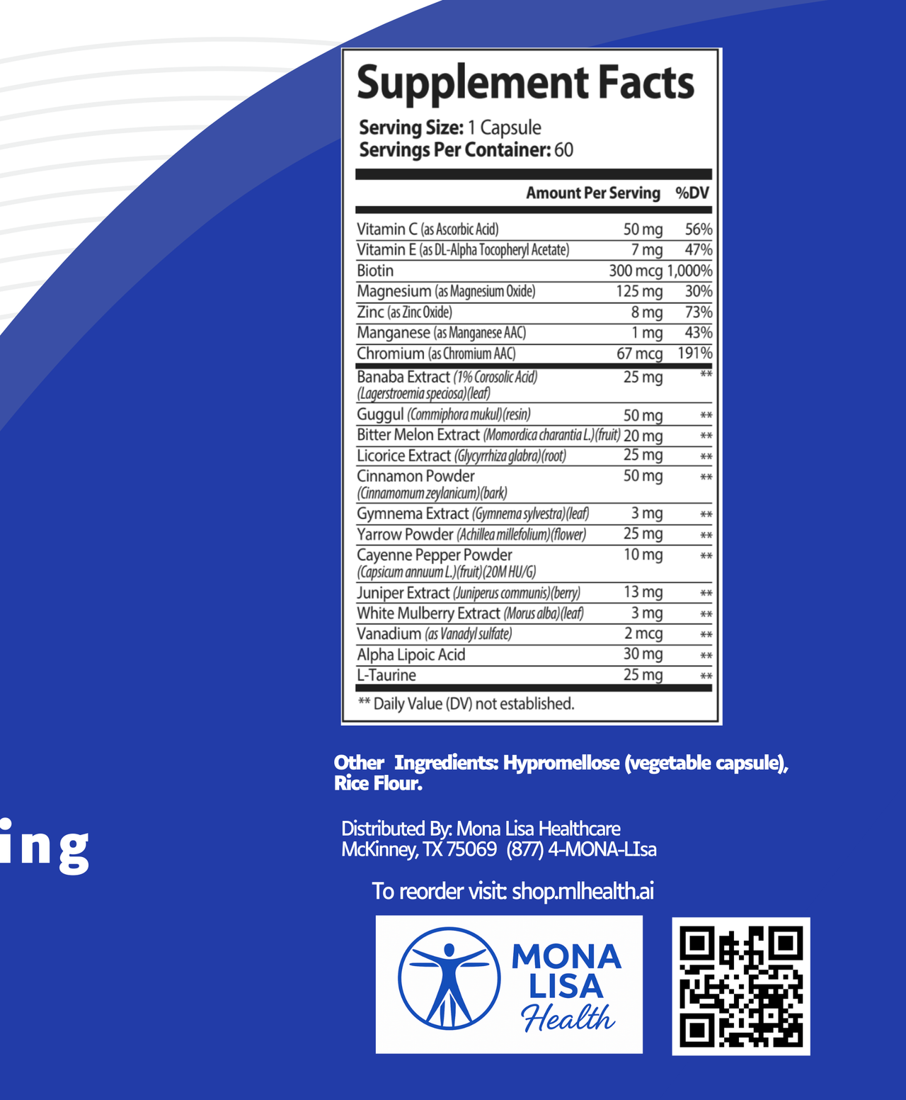 Supplement facts label with Mona Lisa Health branding on a blue background