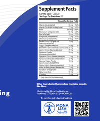 Supplement facts label with Mona Lisa Health branding on a blue background