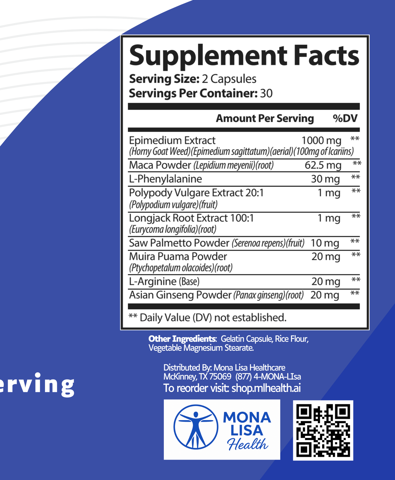 Supplement facts label with Mona Lisa Health branding on a blue background