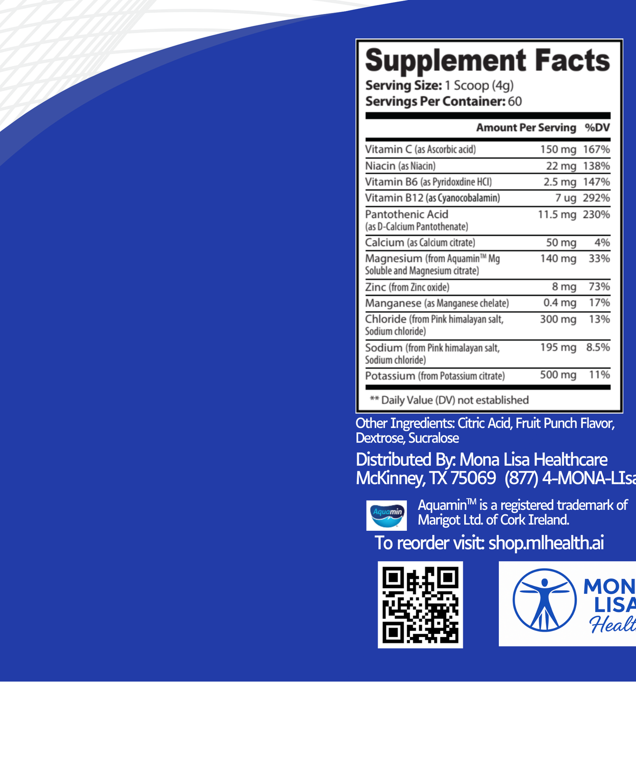 Supplement facts label with Mona Lisa Healthcare branding on a blue background