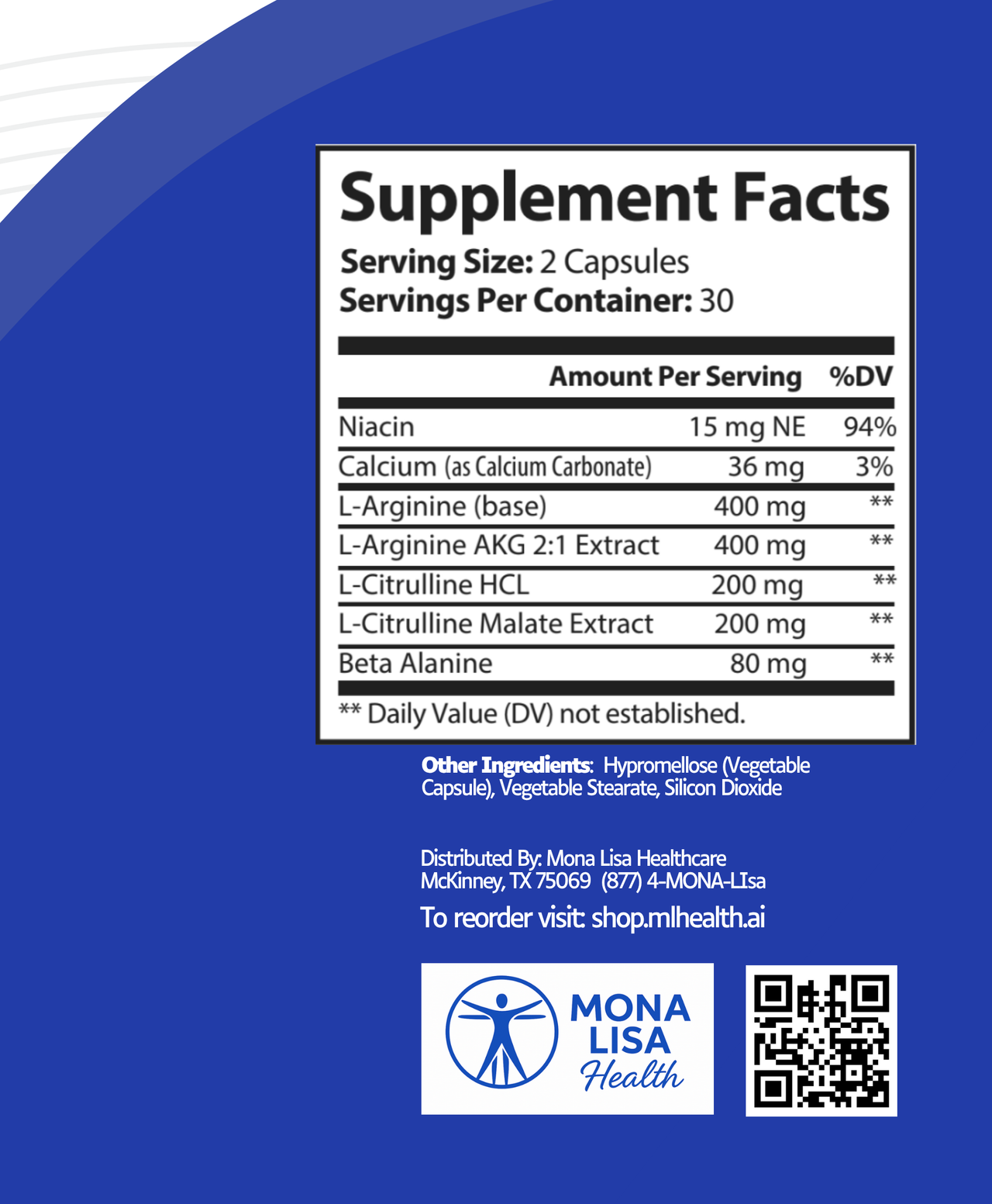 Supplement facts label with Mona Lisa Health branding on a blue background