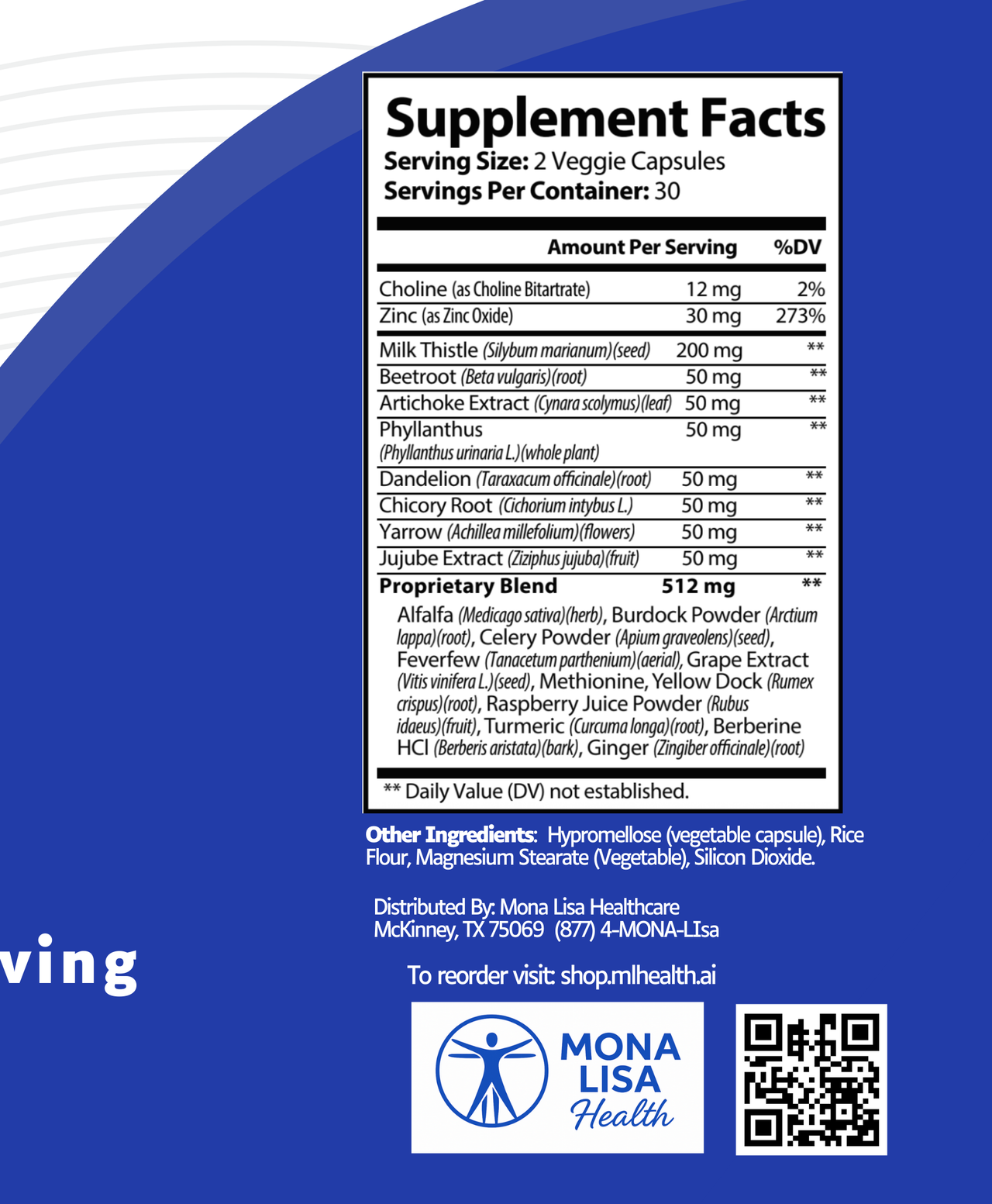Supplement facts label with Mona Lisa Healthcare branding on a blue background