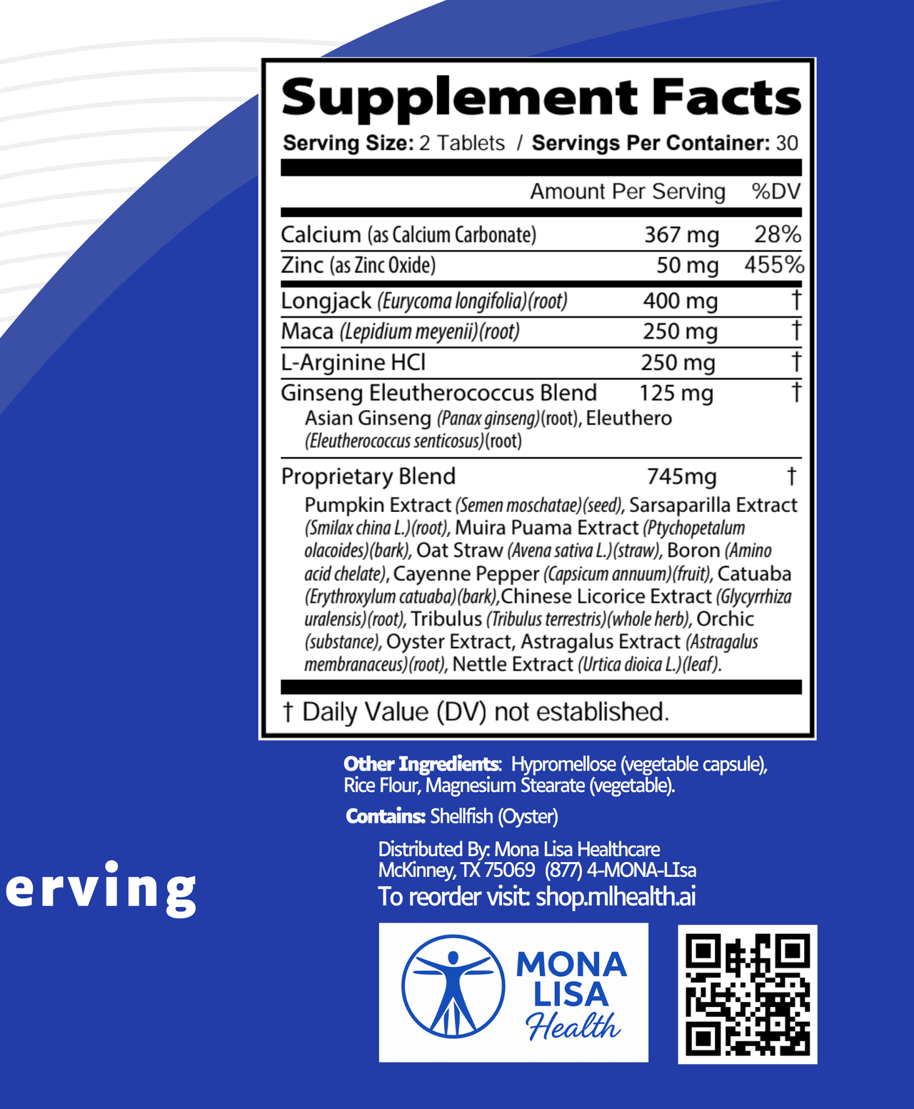 Supplement facts label with Mona Lisa Healthcare branding on a blue background