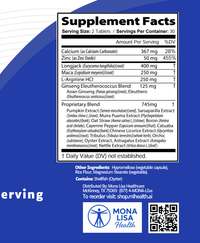 Supplement facts label with Mona Lisa Healthcare branding on a blue background