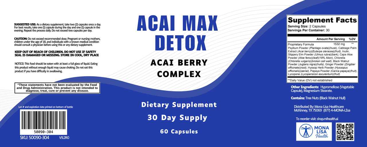 Blue and white label for Acai Max Detox details supplement facts, usage directions, colon detox info, caution, FDA disclaimer, company info, barcode, and notes 60 capsules for a 30-day supply.