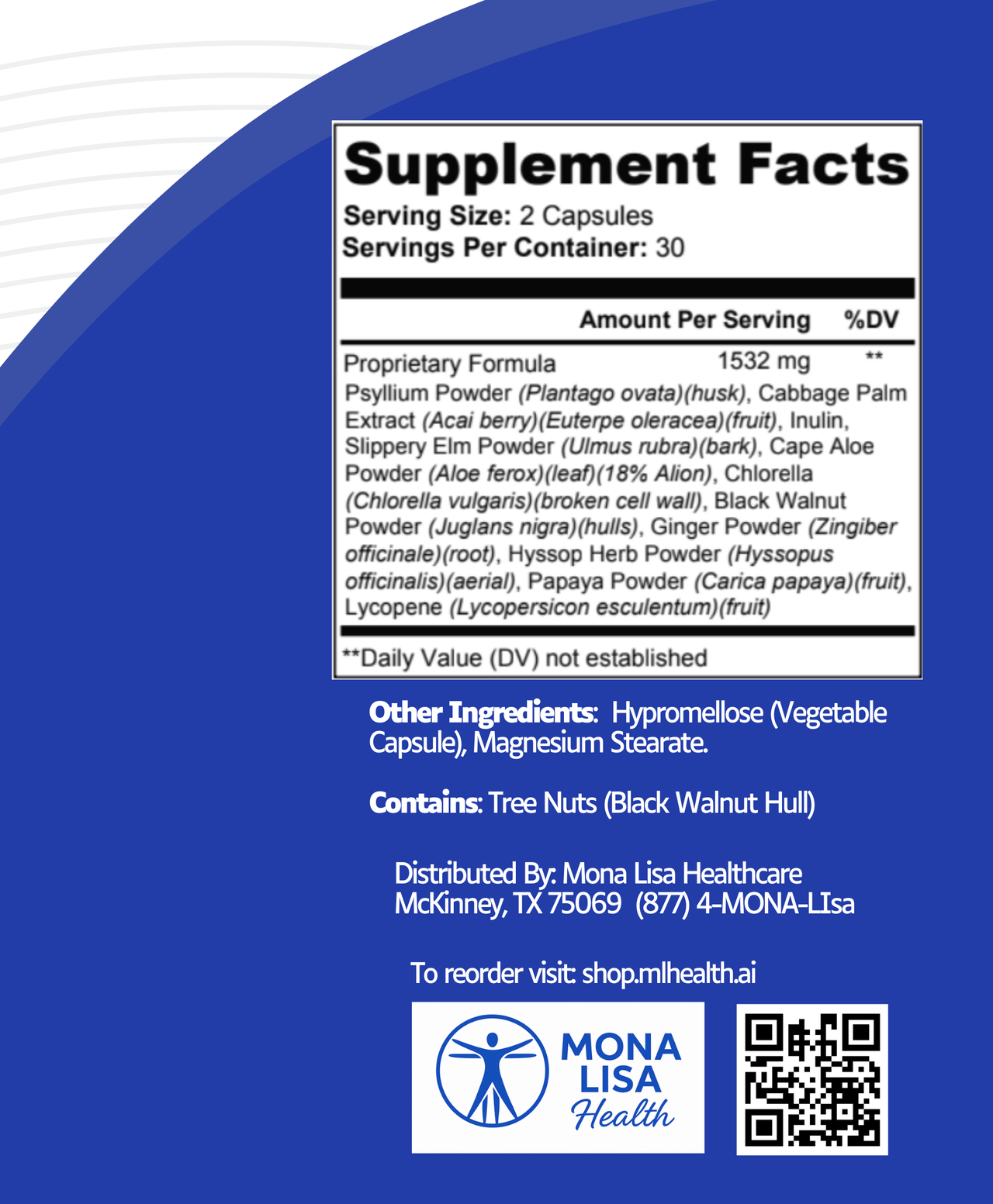 Supplement facts label with Mona Lisa Health branding on a blue background