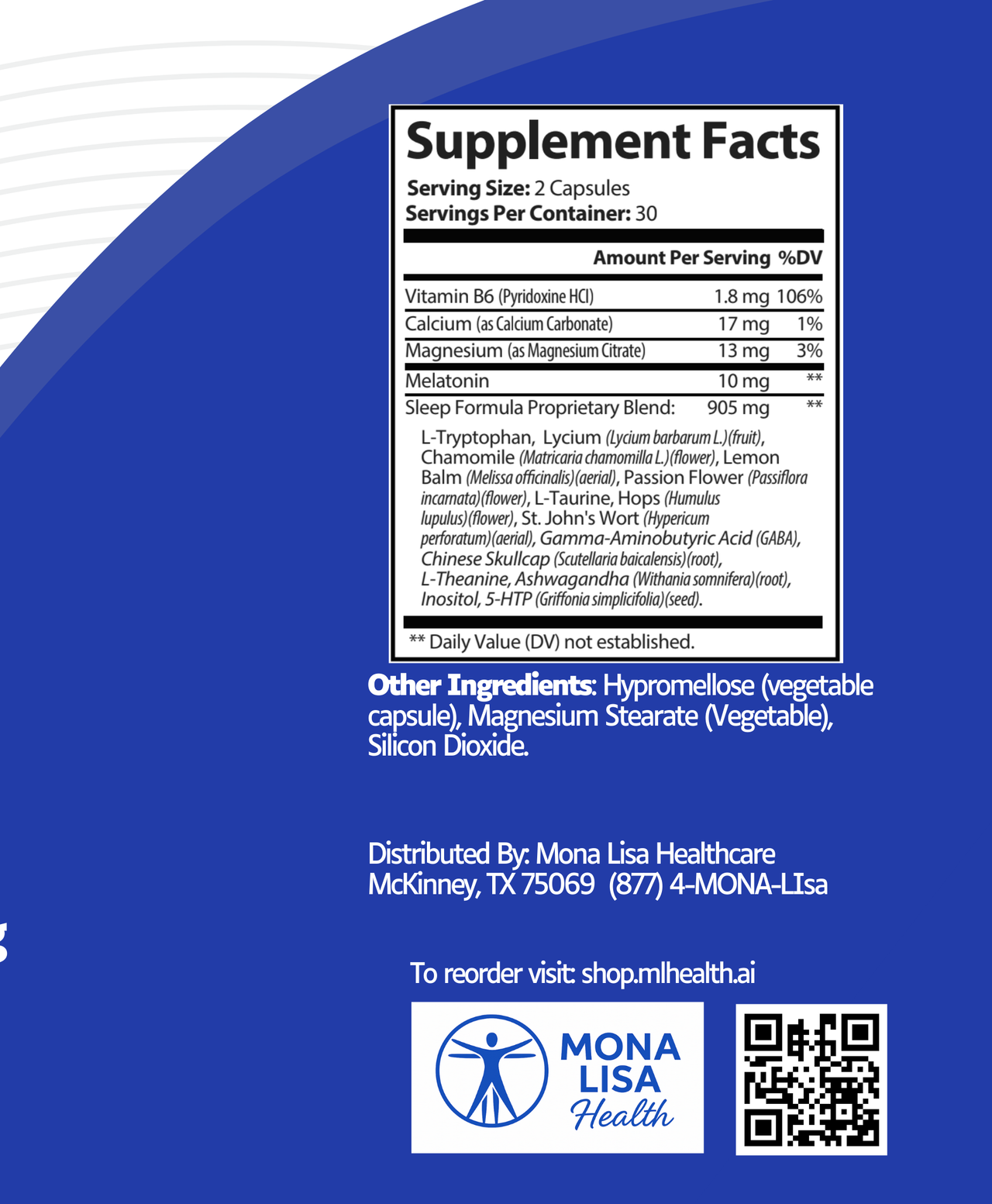 Supplement facts label with Mona Lisa Health branding on a blue background