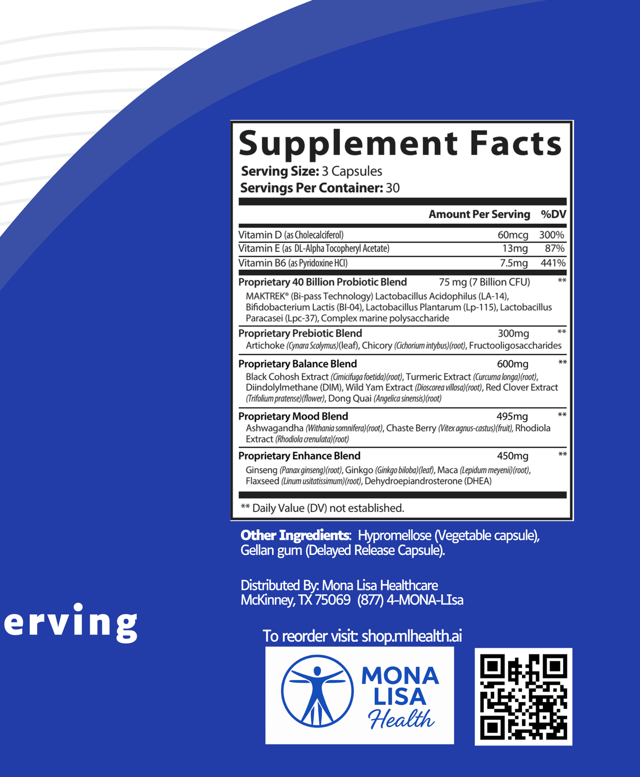 Supplement facts label with Mona Lisa Health branding on a blue background