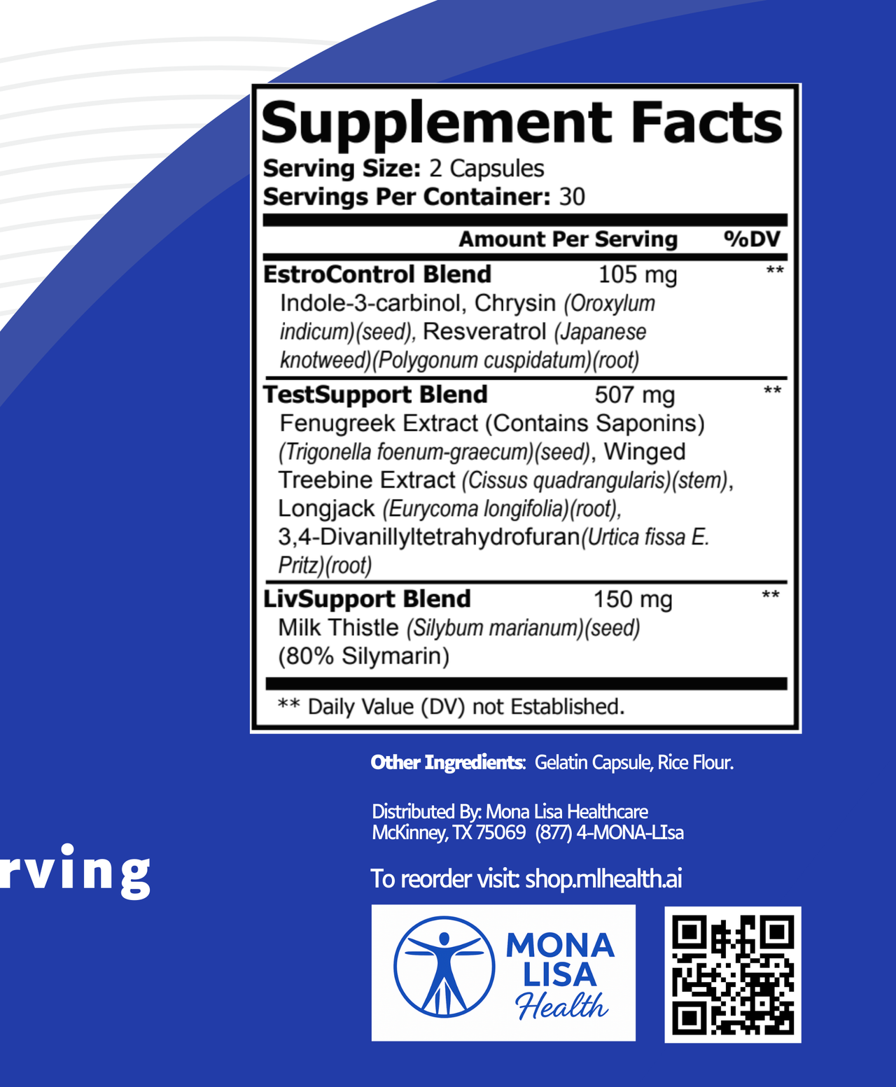 Supplement facts label with Mona Lisa Health branding on a blue background