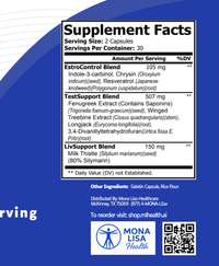 Supplement facts label with Mona Lisa Health branding on a blue background