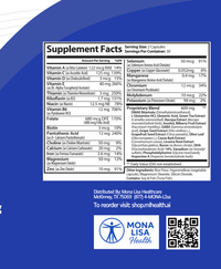Supplement facts label with Mona Lisa Healthcare branding on a blue background