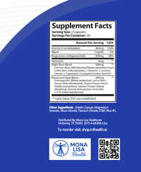 Supplement facts label with Mona Lisa Health branding on a blue background