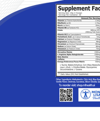 Supplement facts label with Mona Lisa Health branding on a blue background