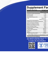 Supplement facts label with Mona Lisa Health branding on a blue background