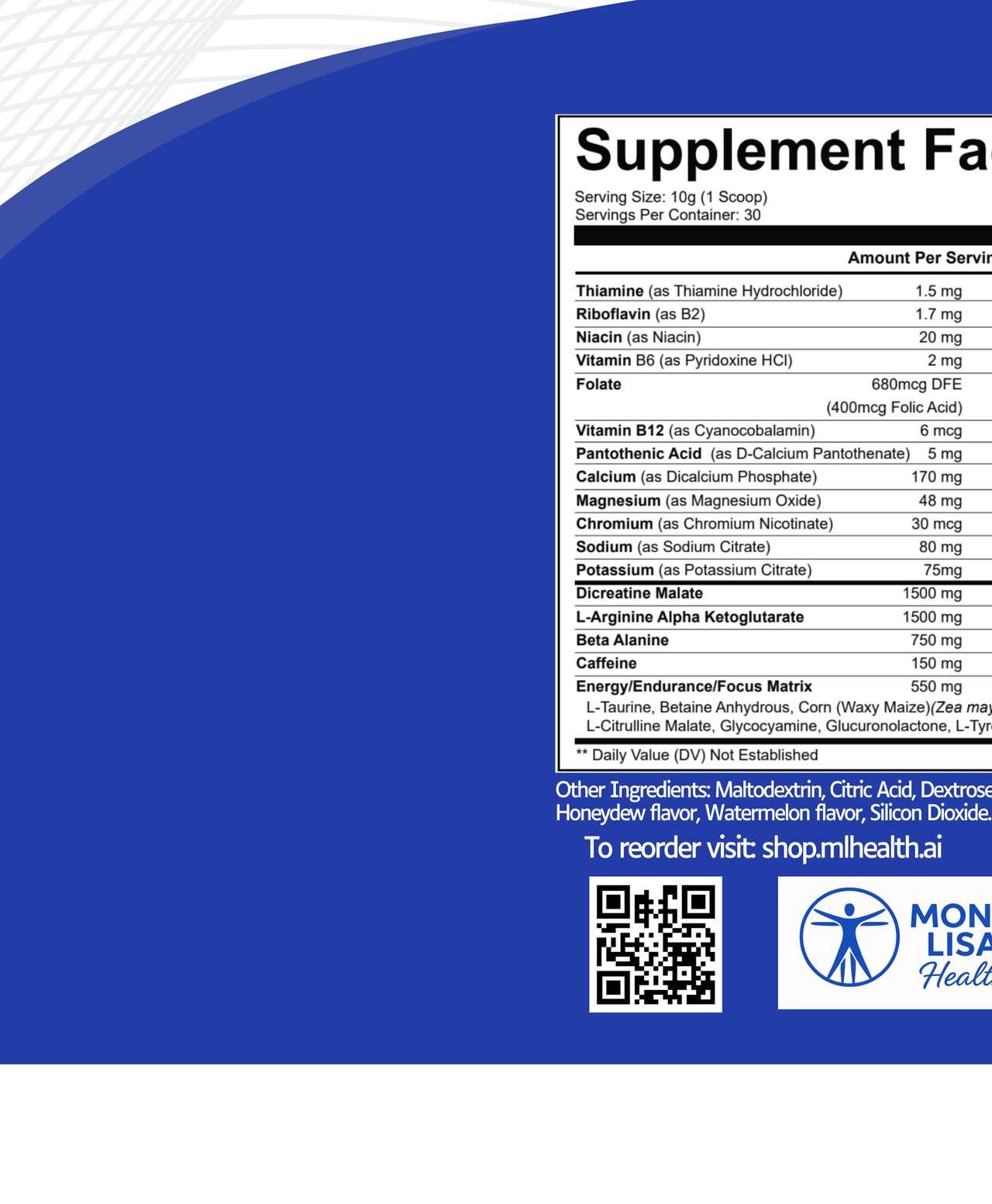 Supplement facts label with Mona Lisa Health branding on a blue background