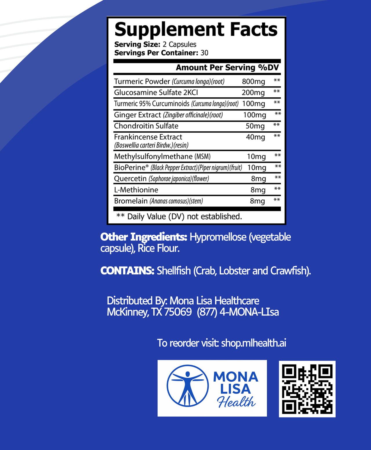 Supplement facts label with Mona Lisa Health branding on a blue background