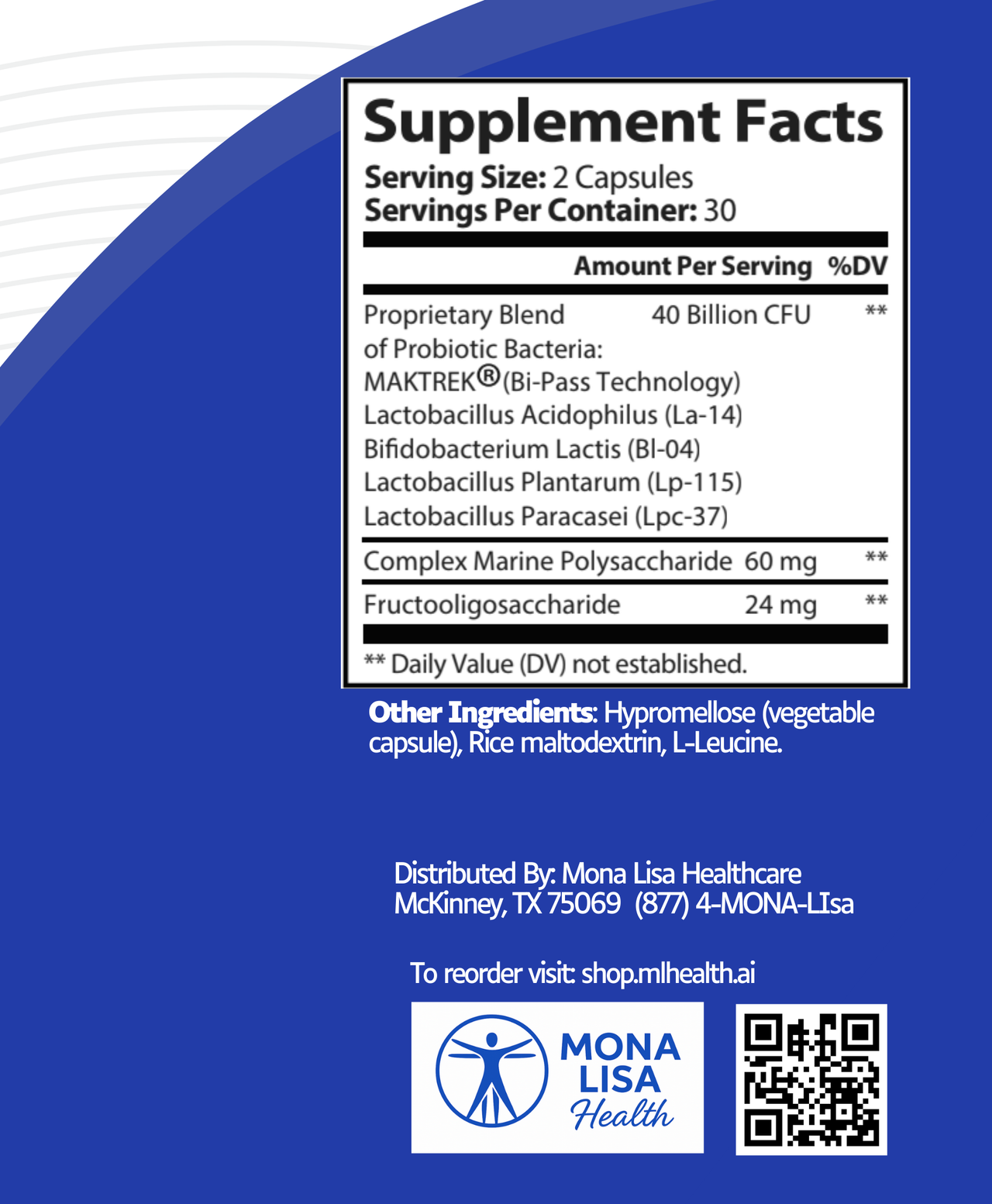 Supplement facts label with Mona Lisa Health branding on a blue background