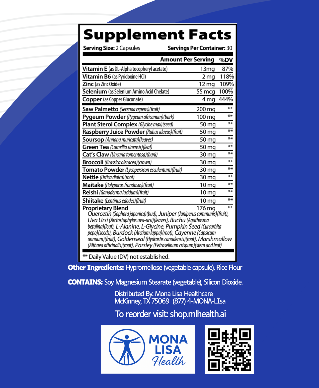 Supplement facts label with Mona Lisa Health branding on a blue background