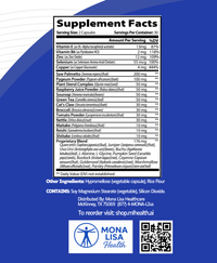 Supplement facts label with Mona Lisa Health branding on a blue background