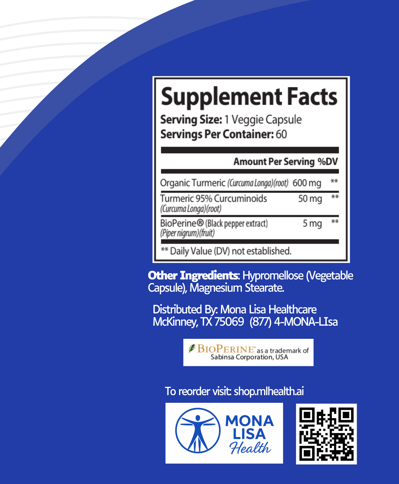 Supplement facts label with Mona Lisa Health branding on a blue background